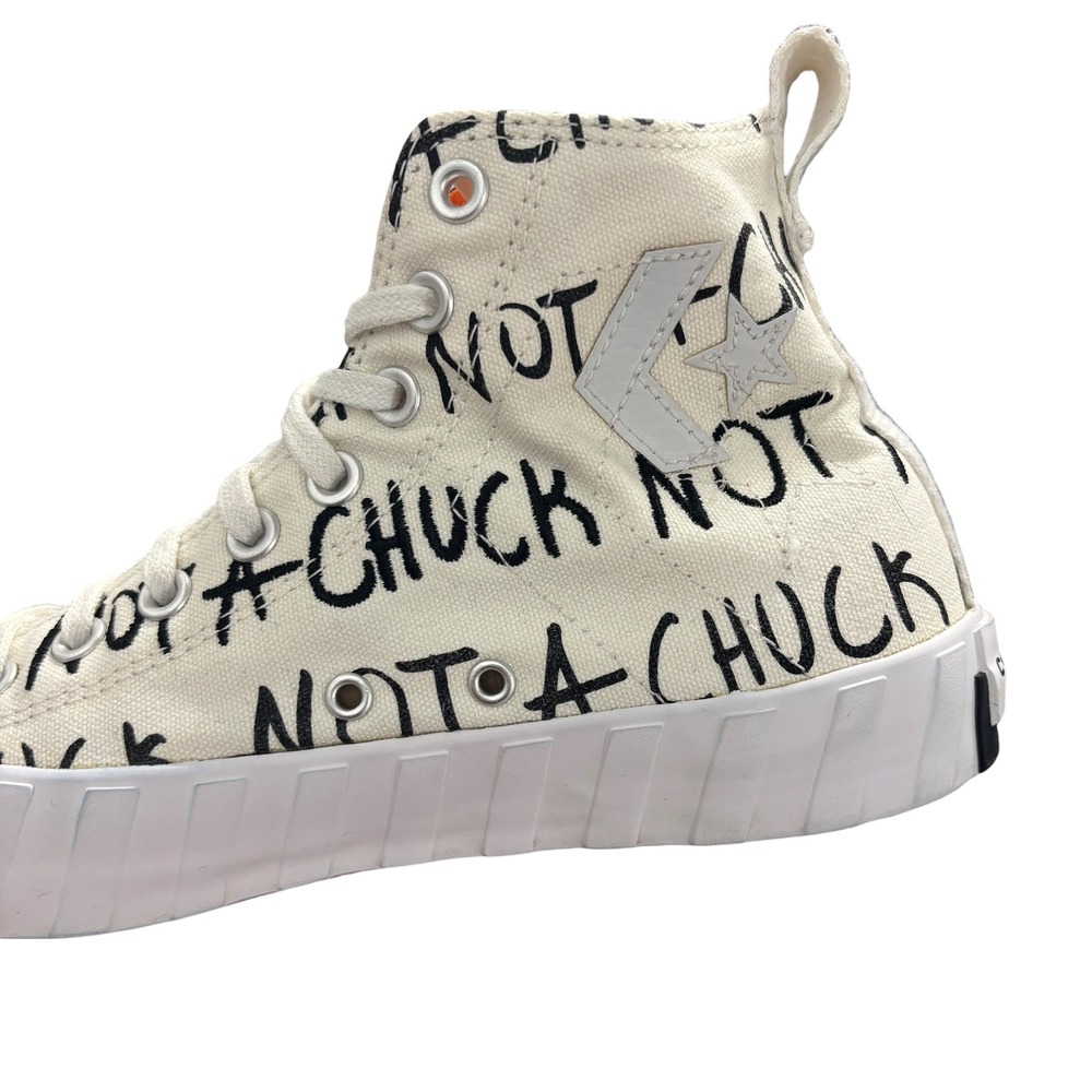 Converse High Top Sneakers Off-White with Black Script and Orange Accents - Picture 6 of 10